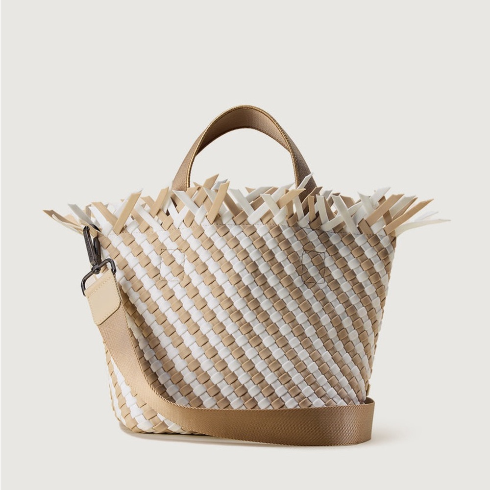 NAGHEDI Havana Small Woven Neoprene Tote Fringe Crossbody Striped Almaza Tan - Picture 2 of 15